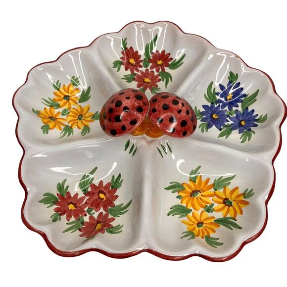 Vintage Other - Vintage 60s Ceramic Divided Dish Hand Painted  Mushroom Center Floral Accents